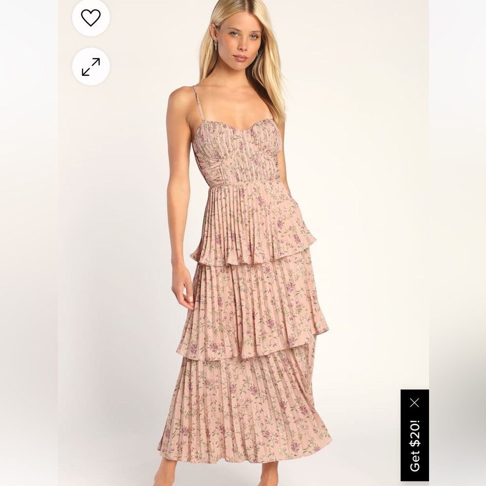 Lulus Cascading Crush Pink Floral Print Tiered Bustier Midi Dress